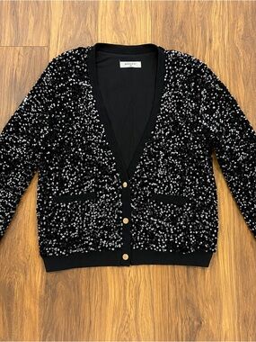 Bailey 44 Black Sequin Cardigan Jacket Gold Buttons Size L